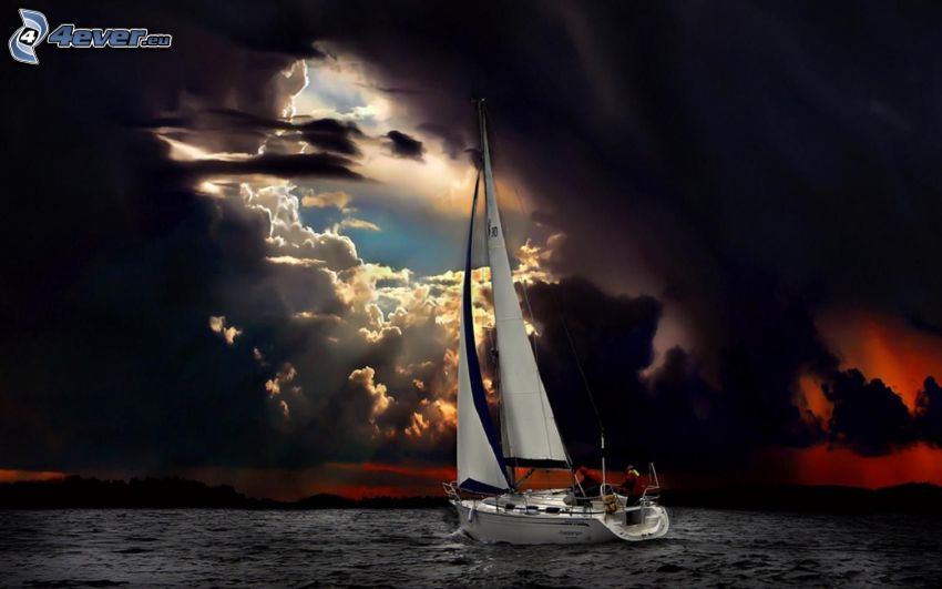 yacht, hav, moln