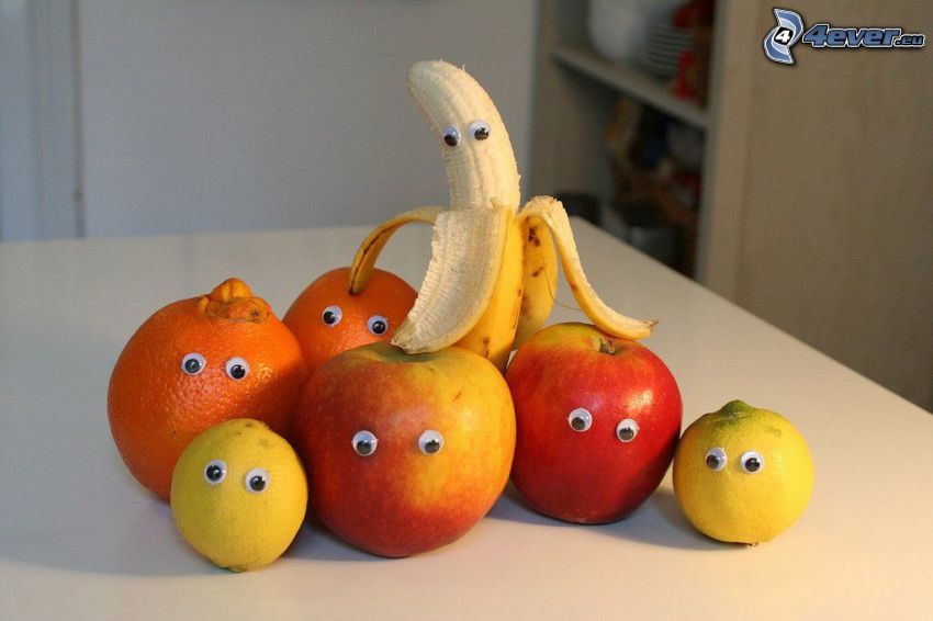 frukt, ögon, banan, röda äpplen, citroner, apelsiner