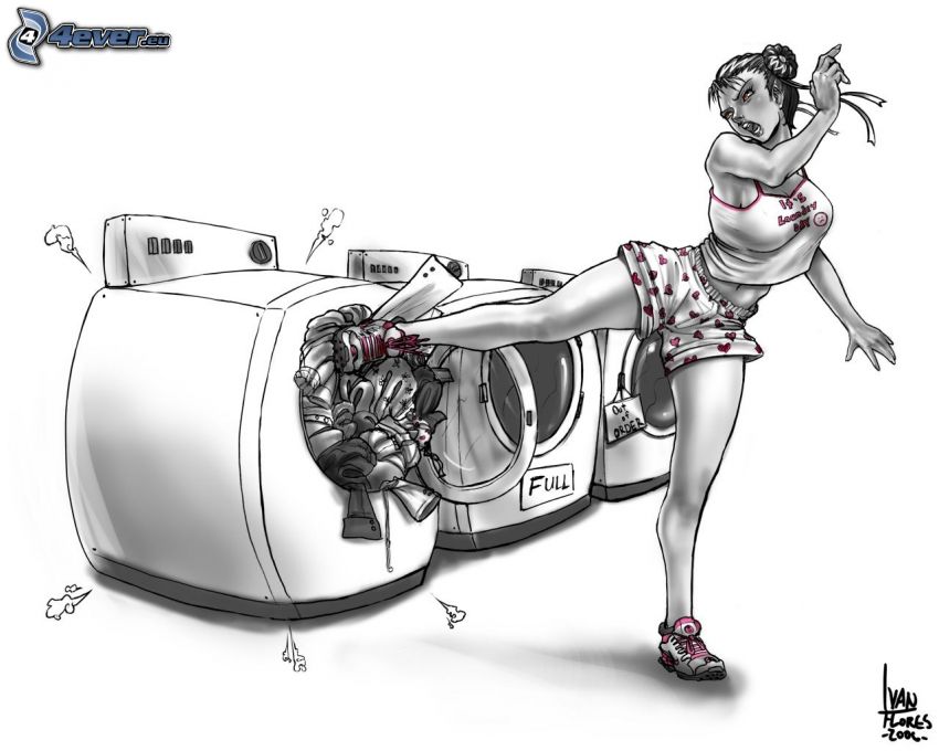 tvättmaskiner, tvättkläder, tecknad kvinna