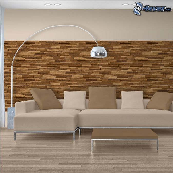 salón, sofá, lámpara, pared de madera