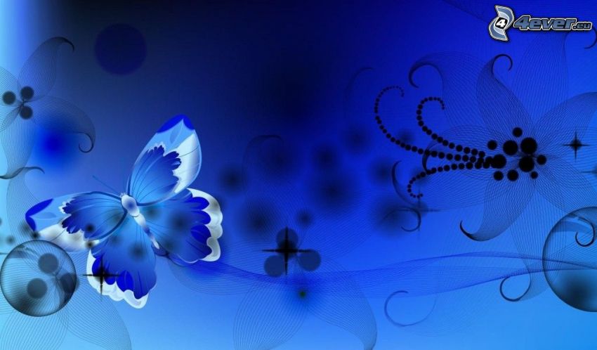 mariposa azul, flor, líneas, círculos, fondo azul