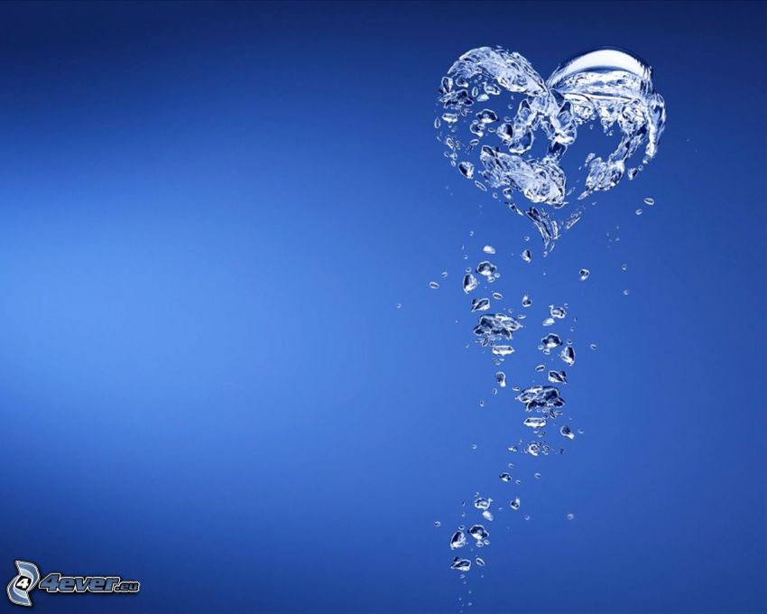 corazón, agua, splash, fondo azul