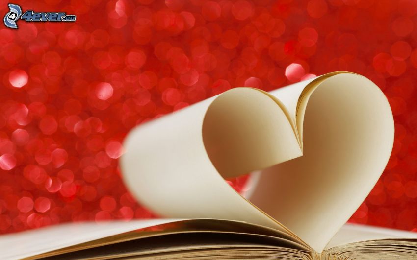 corazón de papel, libro, fondo rojo