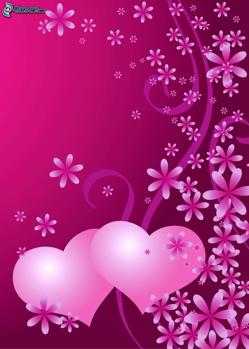 corazones, flores, fondo de color rosa