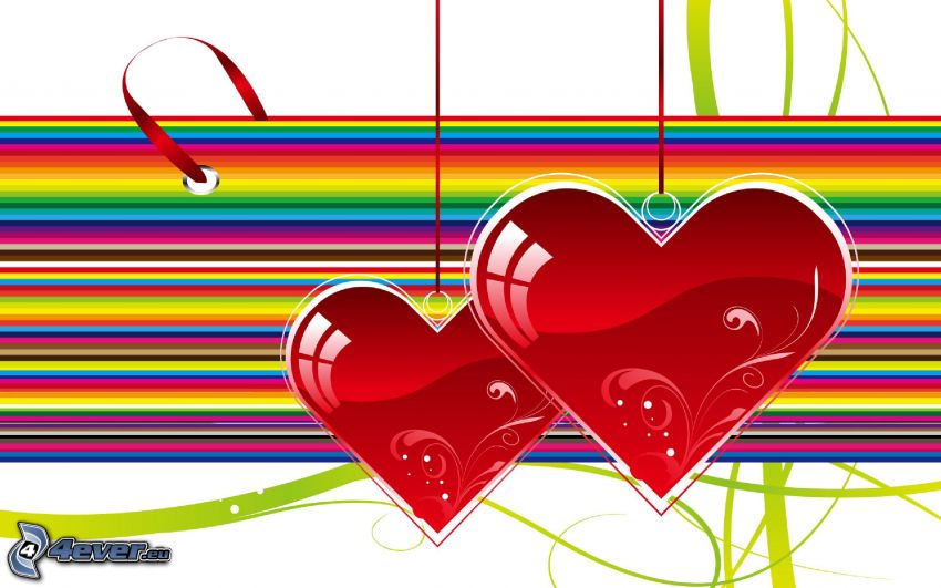 corazones rojos de San Valentín, tiras de colores