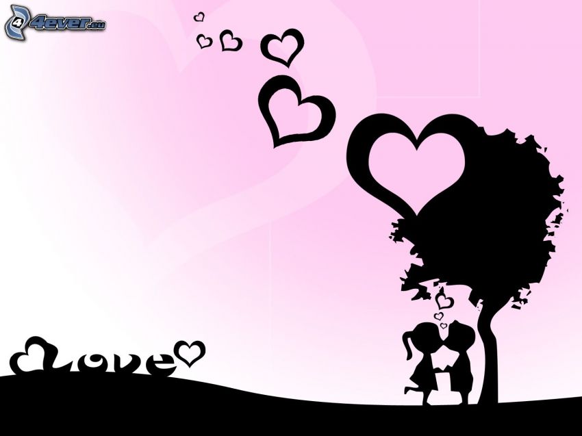 pareja debajo de árbol, dibujos animados de pareja, silueta de una pareja, corazones, love, amor