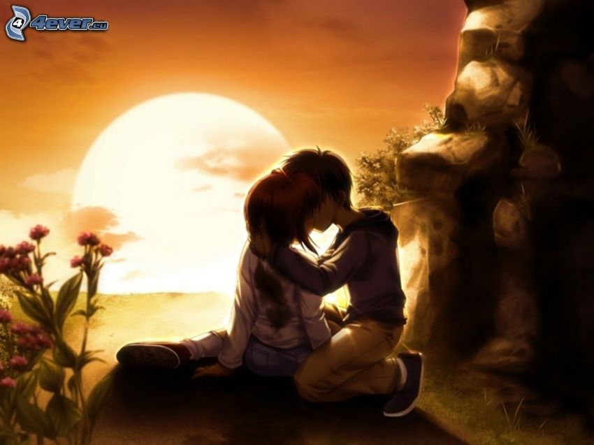 Beso en la puesta del sol, dibujos animados de pareja, amor, cueva