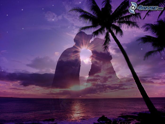 Beso en la puesta del sol, silueta de una pareja, amor, palmera sobre el mar