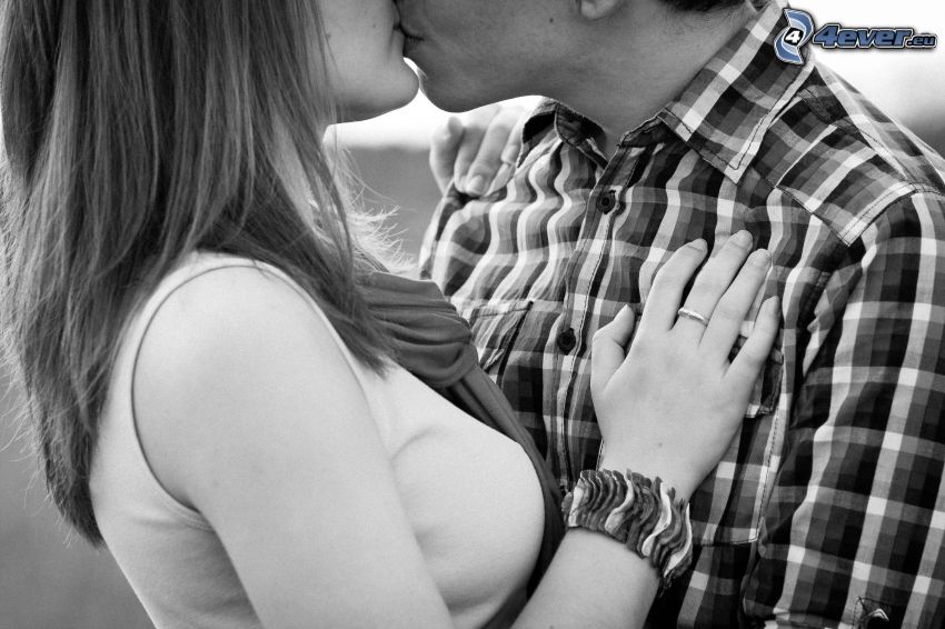 pareja, beso, Foto en blanco y negro