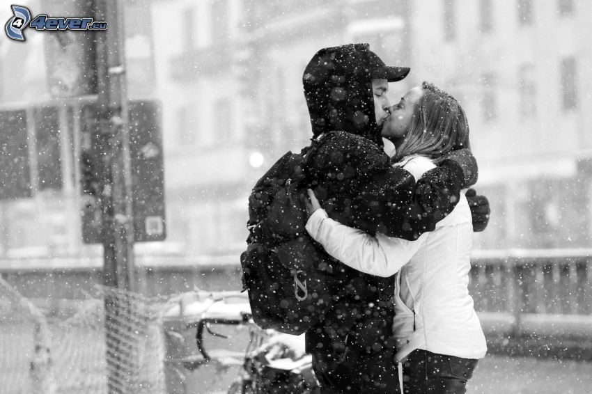 pareja, beso, nieve, la nevada