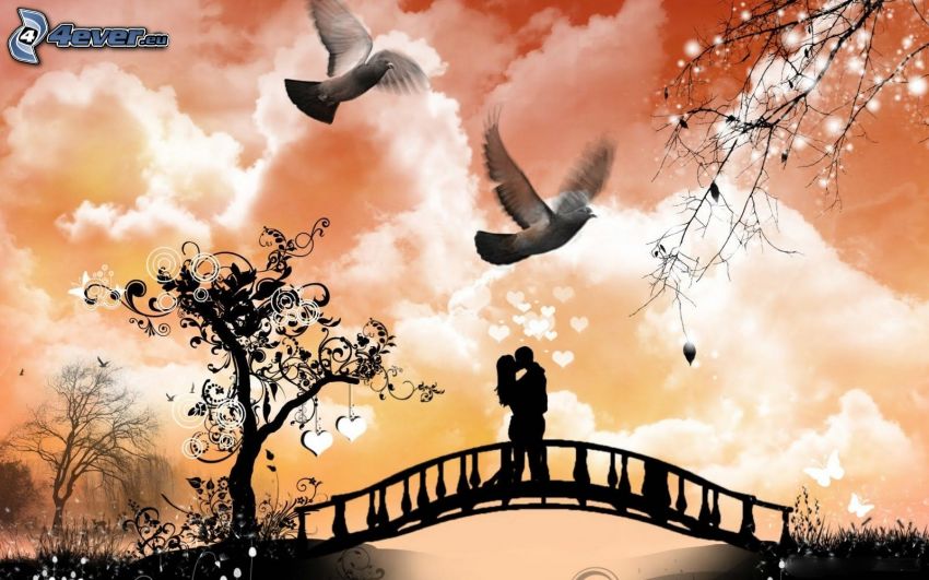 silueta de una pareja, palomas, puente peatonal, árbol pintado, arte digital