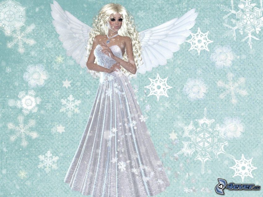 ángel, vestido blanco, copos de nieve