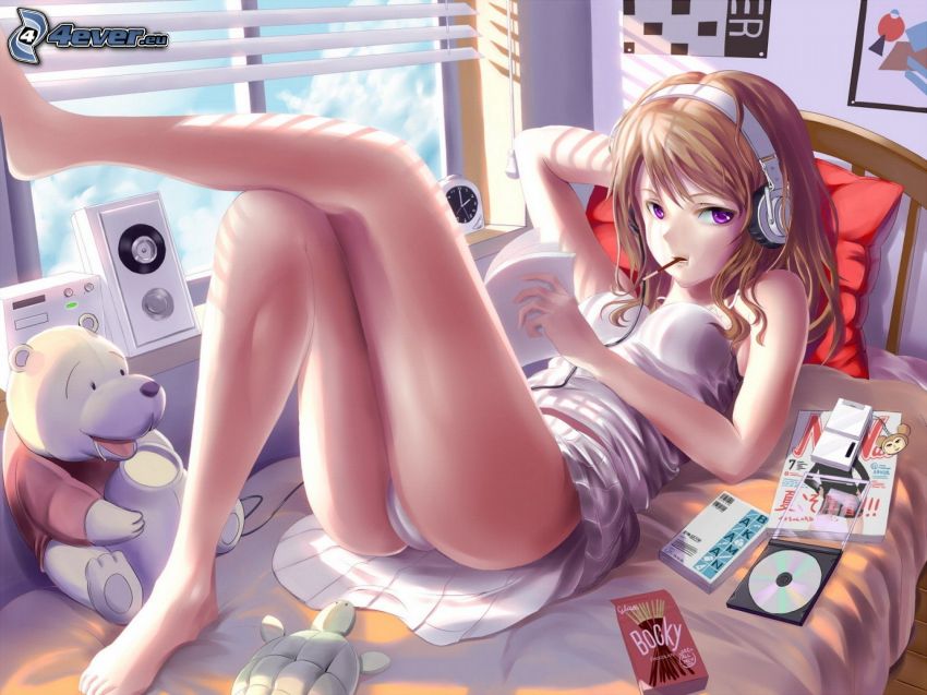 chica anime, chica con auriculares, cama