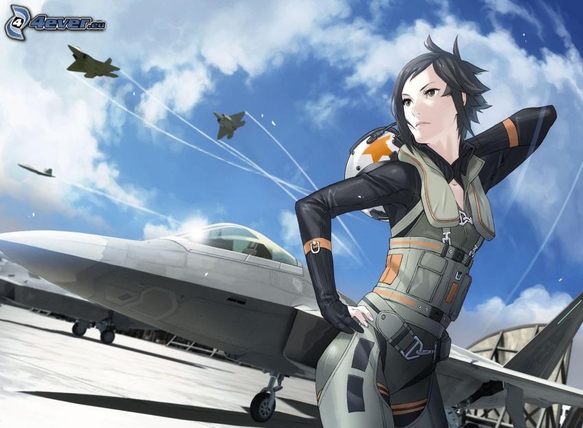 chica anime, F-22 Raptor, aviones de caza