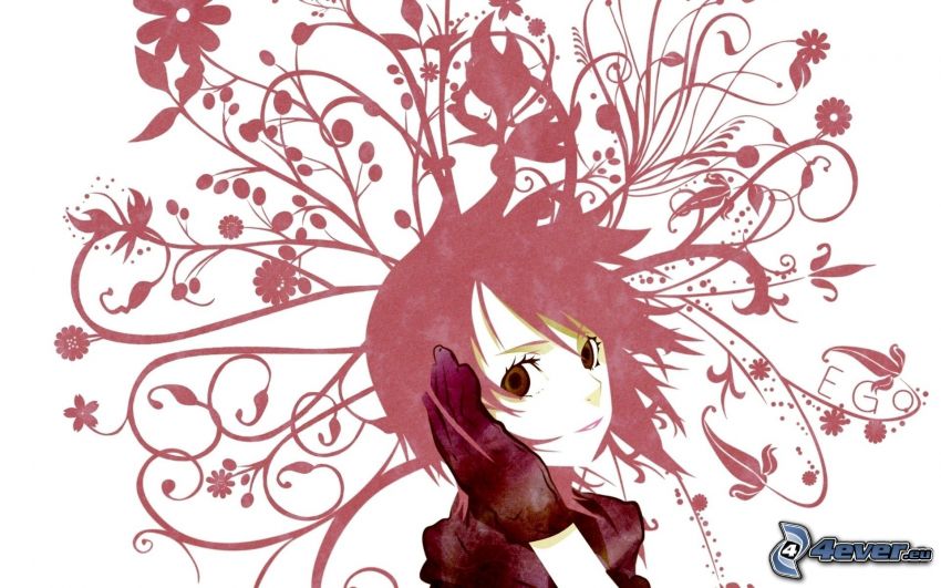 chica anime, flores abstractas