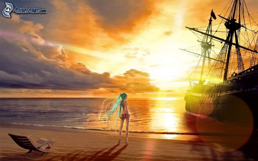 chica anime, playa, velero, nave, puesta de sol sobre el mar