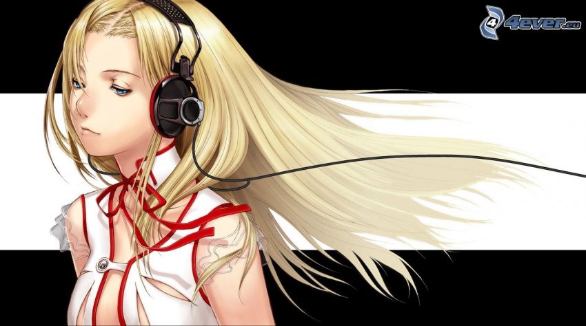 chica anime, rubia, auriculares