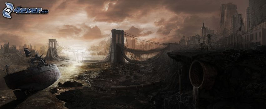 ciudad post-apocalíptica, Brooklyn Bridge, puente destruído
