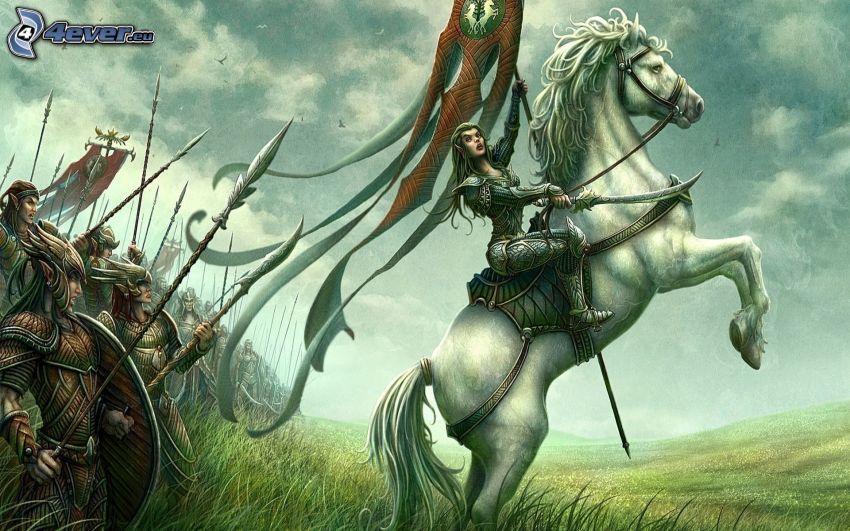 dibujos animados de mujer elfo, caballo blanco