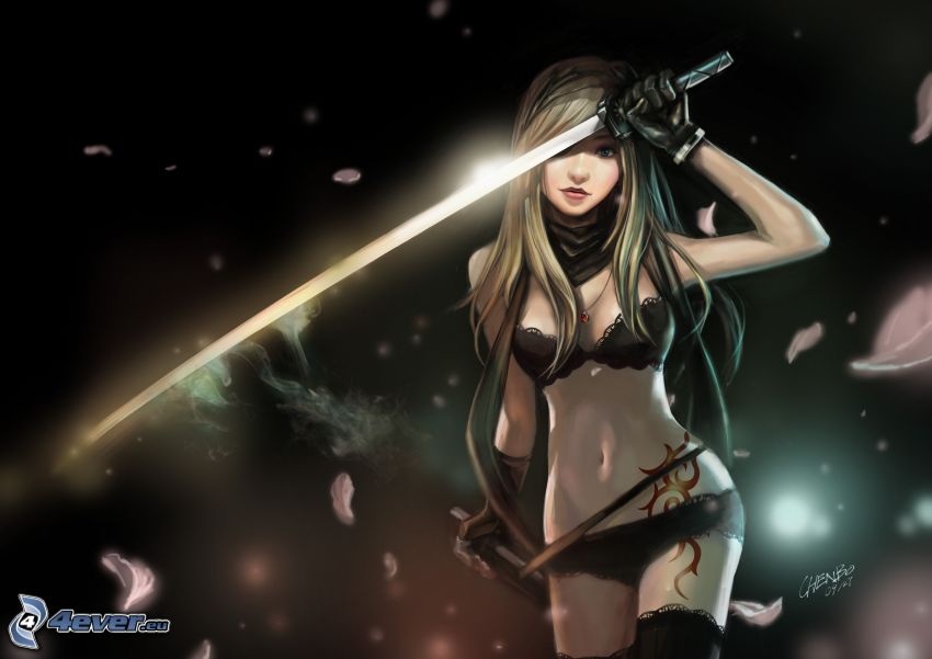 guerrera fantástica, chica con espada, ropa interior negra