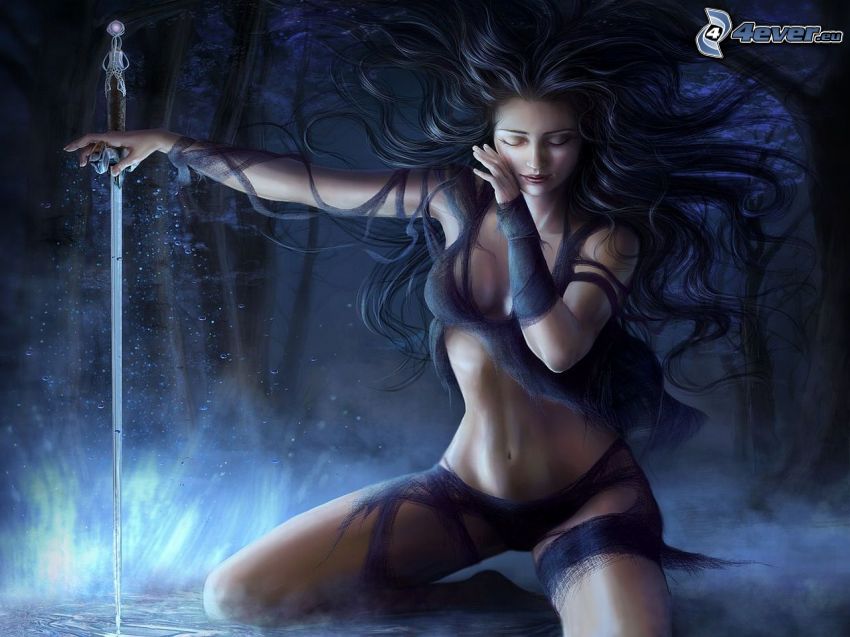mujer con una espada, cabello