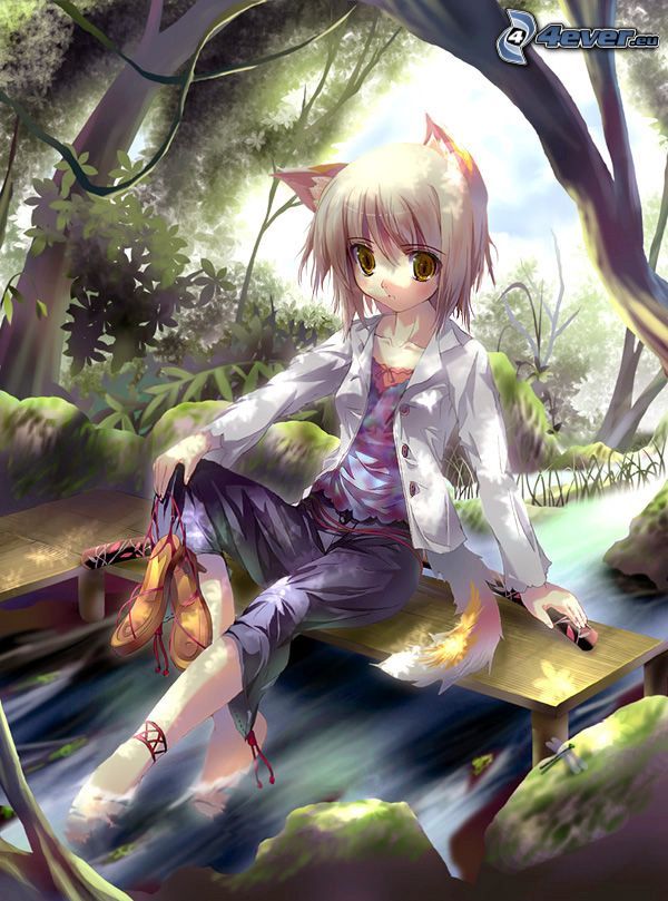 Neko, anime girl con orejitas, cola, corriente que pasa por un bosque