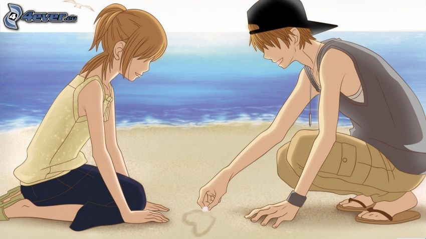 pareja anime, corazón, playa de arena, mar