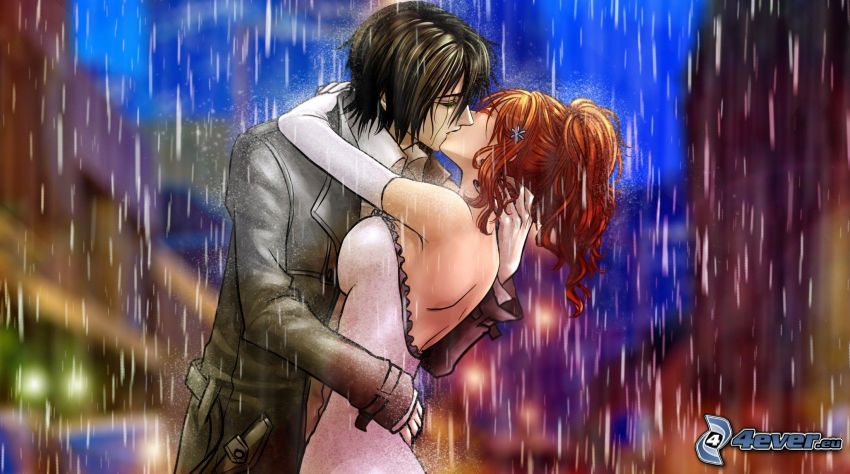 pareja anime, pareja en la lluvia, beso
