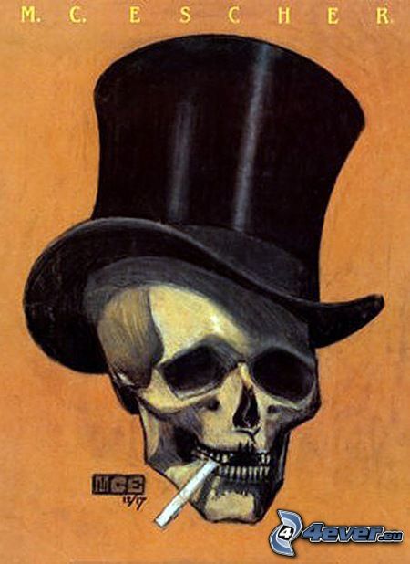 cráneo, cigarrillo, Sombrero de copa alta, sombrero