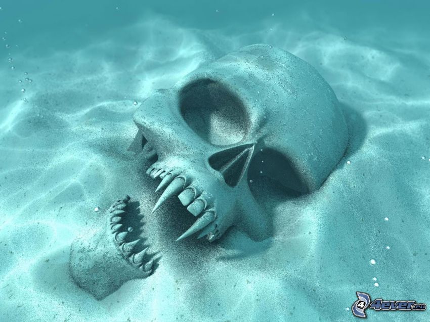 cráneo, fondo del mar, arena, vampiro