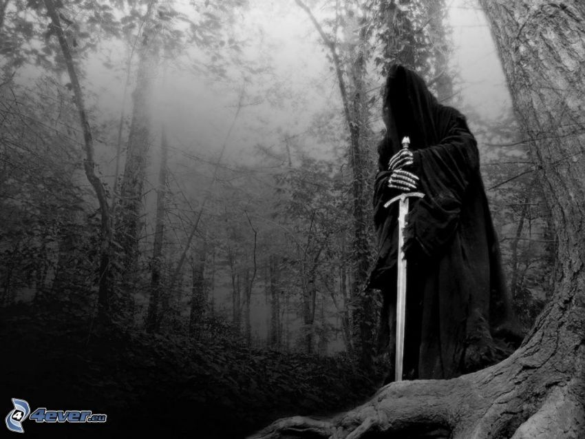 descarnada, bosque oscuro, espada, monstruo, demonio, figura fantasmal