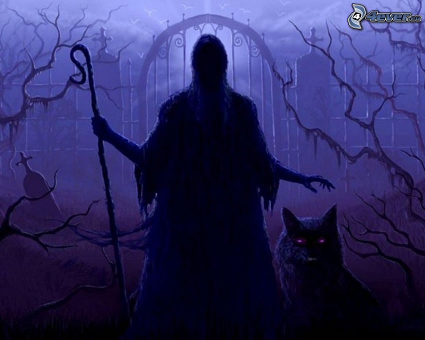 figura fantasmal, bruja, lobo negro, sepulcro, muerte, demonio