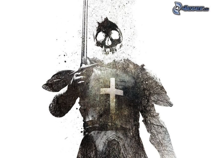 guerrero oscuro, espada, cruzado, cráneo