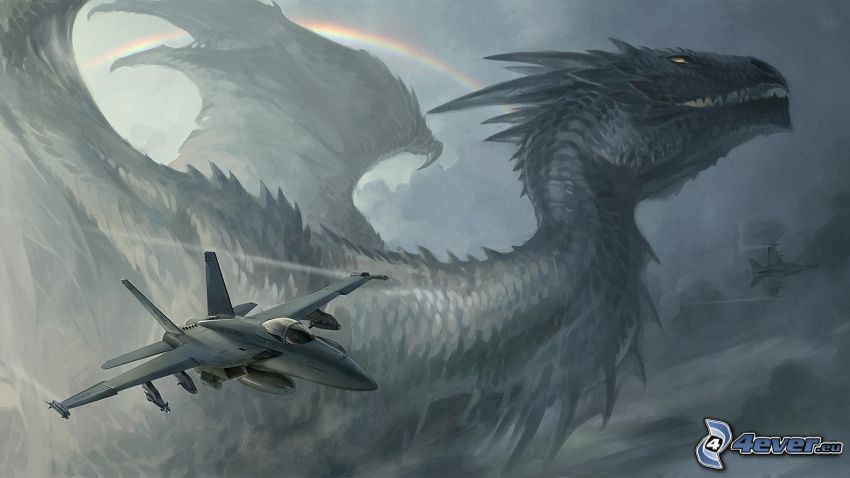 avión, dragón de la historieta, arco iris