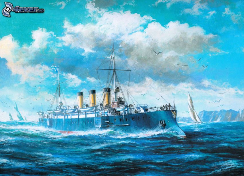 buque de vapor, nave, mar, pintura