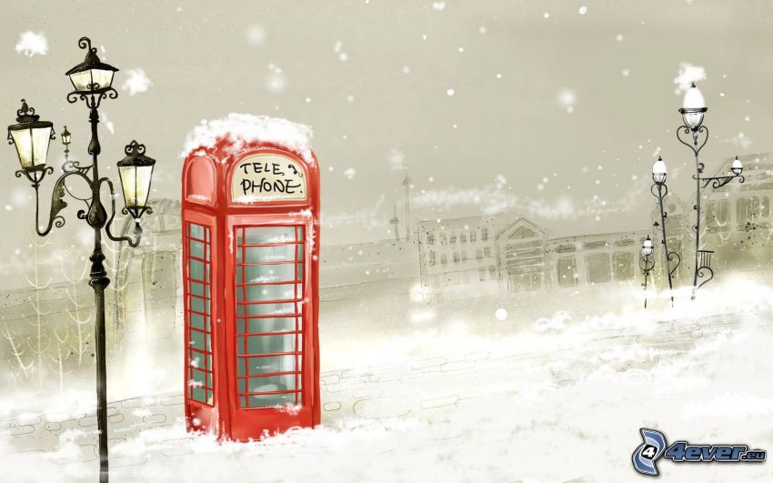 cabina telefónica, lámpara de calle, nieve