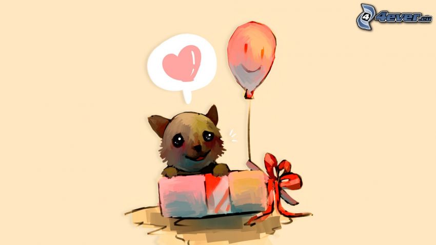 cachorro, caja, globo, corazón