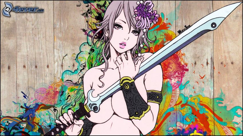 caricatura de mujer, mujer con una espada