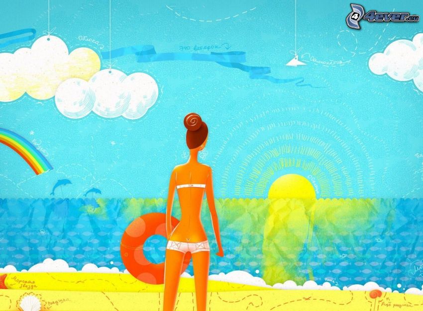 caricatura de mujer, mujer en bikini, rueda flotante, sol, mar
