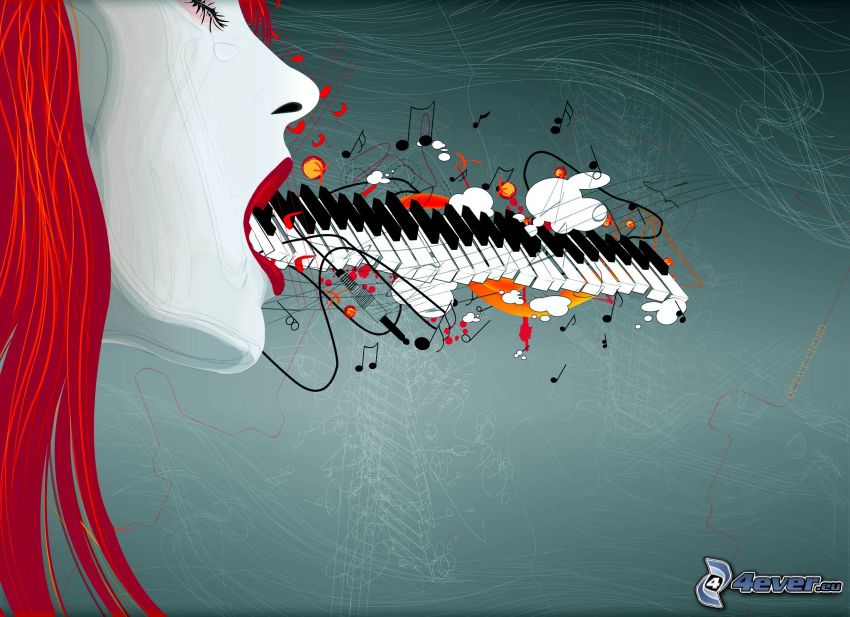 caricatura de mujer, piano