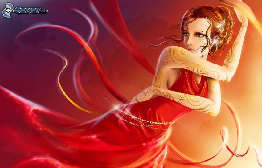 caricatura de mujer, vestido rojo