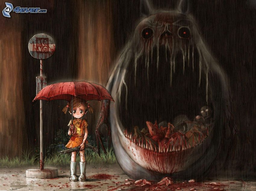 chica, paraguas, miedo, monstruo, morro, lluvia