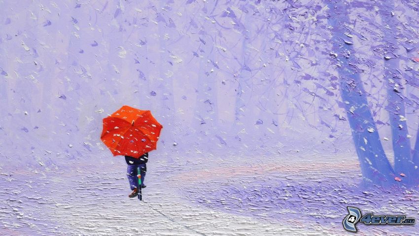 ciclista, Hombre con paraguas, nieve, árbol