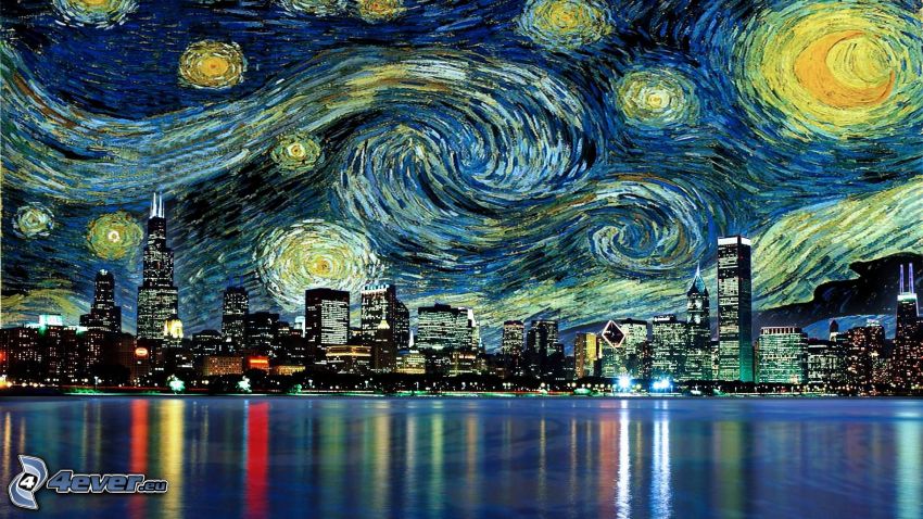 ciudad de noche, Chicago, Vincent Van Gogh - La noche estrellada, parodia