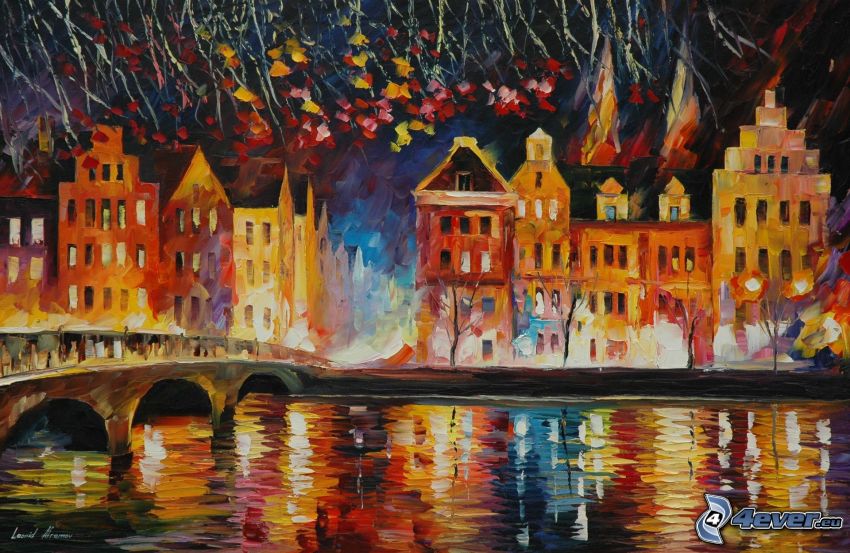 ciudad de noche, río, pintura al óleo