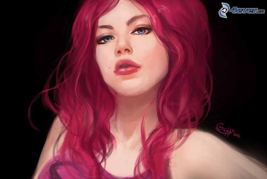 caricatura de mujer, pelo de color rosa