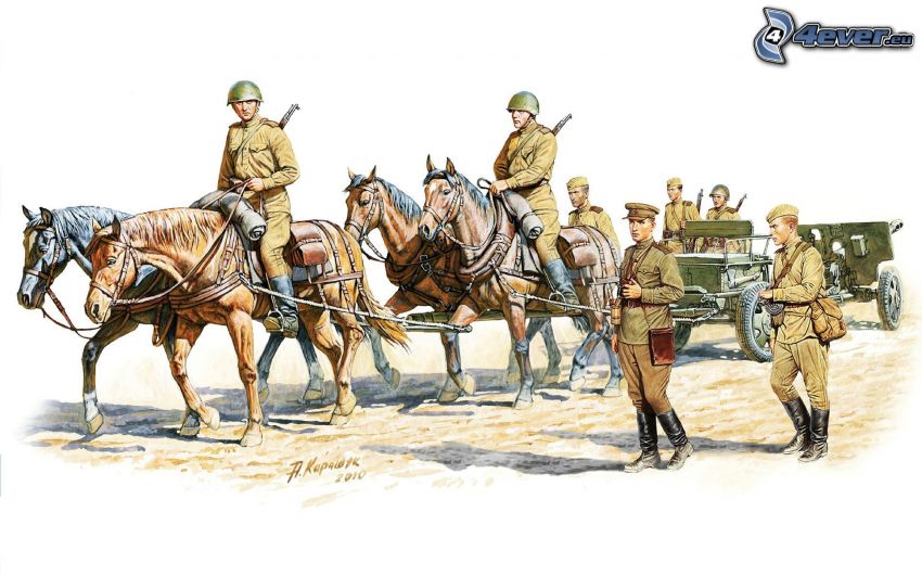 soldados, los caballos marrónes