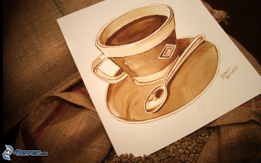 taza de café, cuchara, pintura, granos de café