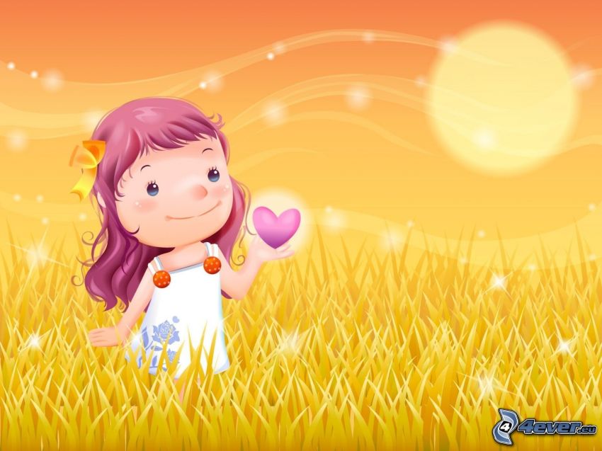 dibujos animados de chica, corazones púrpuras