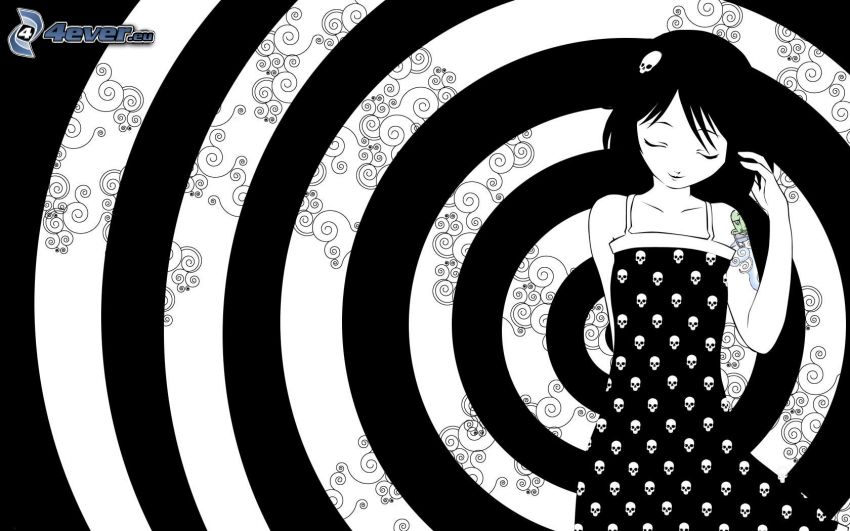 dibujos animados de chica, espiral, blanco y negro